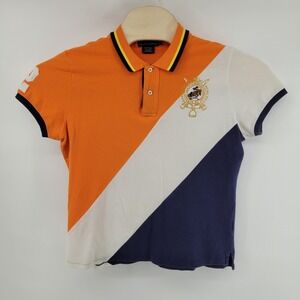 Ralph Lauren Skinny Polo Shirt Size XL Orange White Blue Equestrian Logo